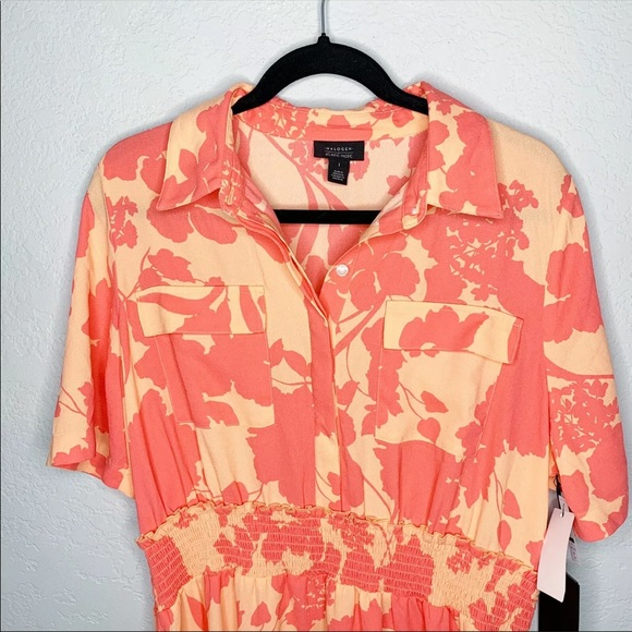 Halogen x Atlantic-Pacific NWT Floral Dress Large Coral Smocked Utility Tropical - Picture 3 of 16
